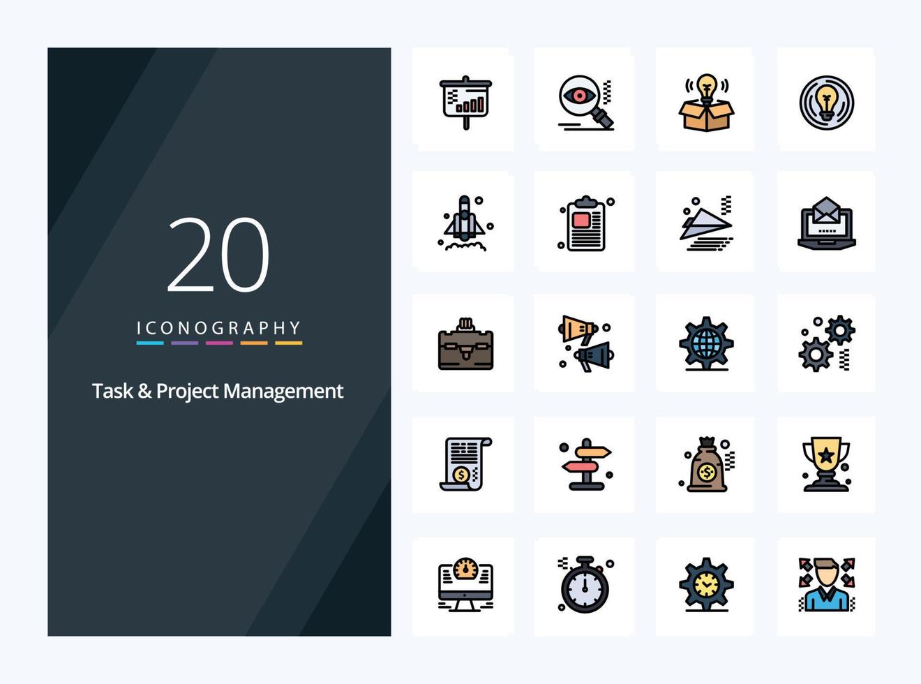 20 ícones preenchidos de linha de gerenciamento de tarefas e projetos para apresentação vetor