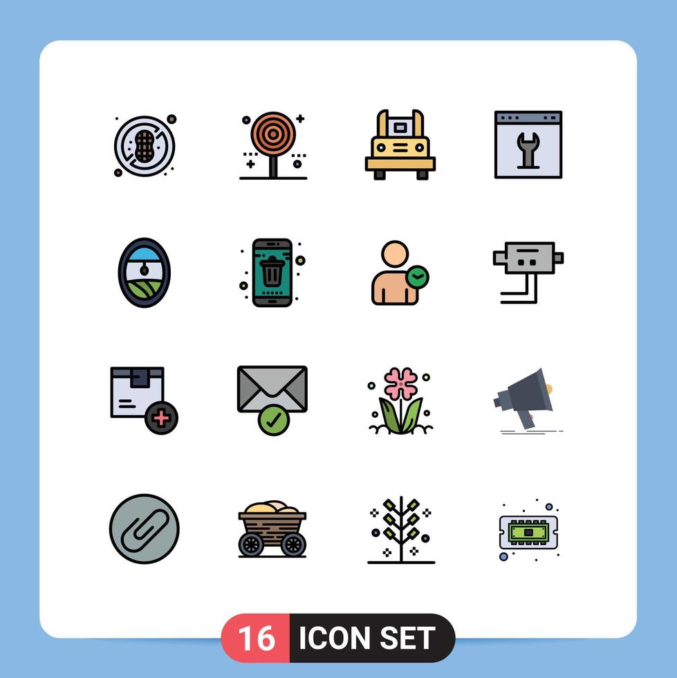 grupo de 16 sinais e símbolos de linhas preenchidas de cores planas para configuração de elementos de design de vetores criativos editáveis de viagem de engrenagem de ônibus de interface