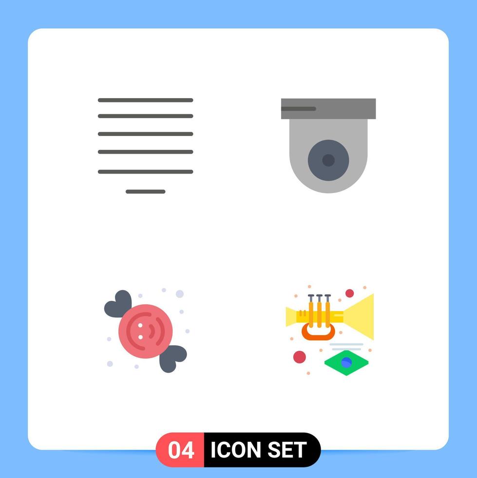 pacote de linha vetorial editável de 4 ícones planos simples de alinhar doces, câmera, doces, música, elementos de design vetorial editáveis vetor
