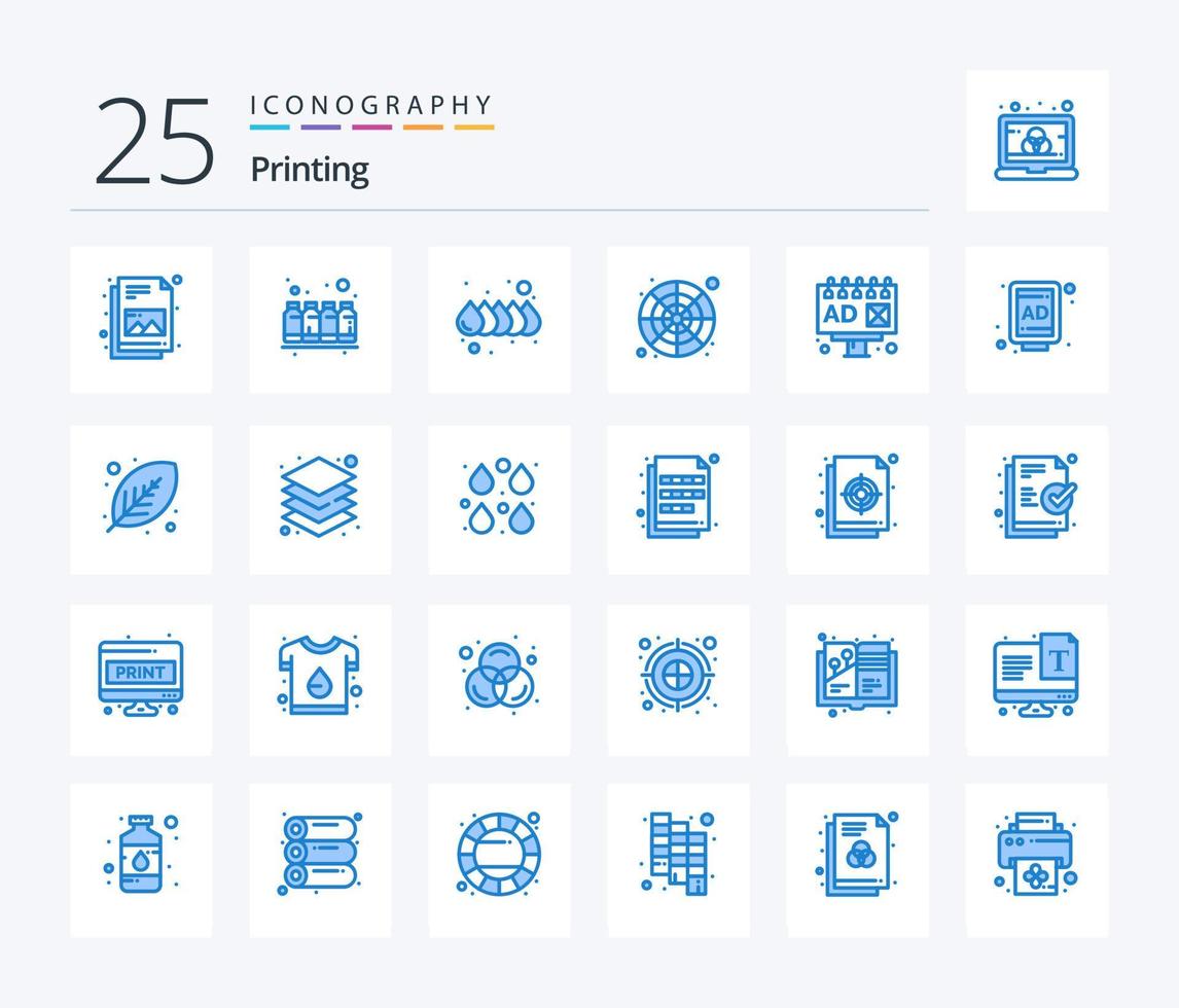 impressão do pacote de ícones de 25 cores azuis, incluindo publicidade. amostra. cor. roda de cores. catálogo de cores vetor