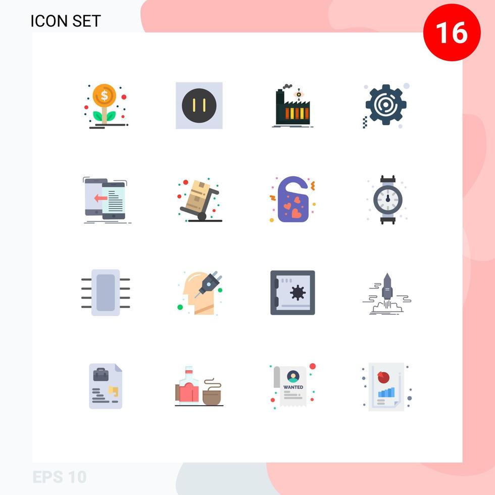 conjunto moderno de 16 cores planas e símbolos, como pacote editável de engrenagem de dados de fábrica de transferência de gerenciamento de elementos de design de vetores criativos