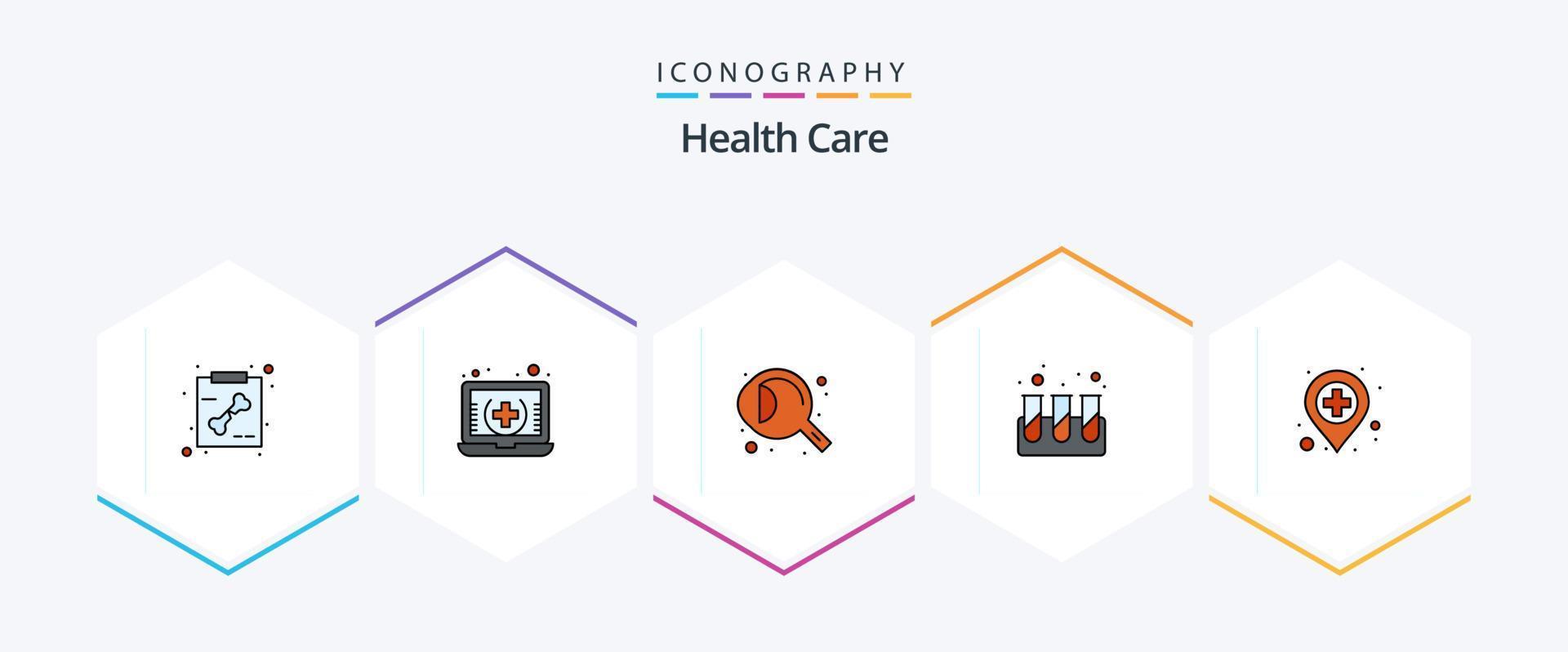 pacote de ícones de 25 linhas preenchidas de cuidados de saúde, incluindo hospital. tubos. córnea. teste. químico vetor