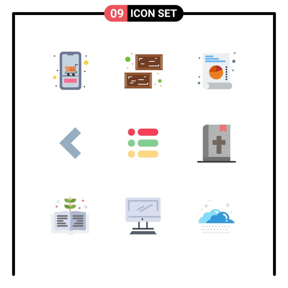 pacote de interface do usuário de 9 cores planas básicas da lista de texto santo seta para a esquerda elementos de design de vetores editáveis