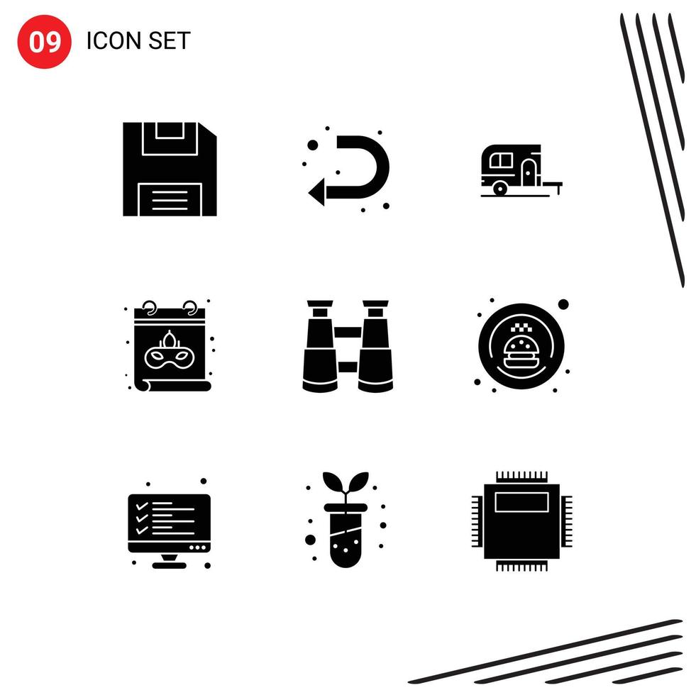 9 ícones criativos, sinais e símbolos modernos de pesquisa de entrega, binóculos de acampamento, máscara, elementos de design de vetores editáveis