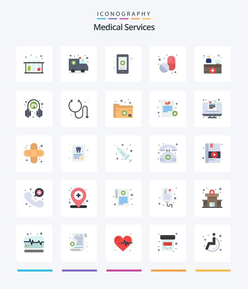 serviços médicos criativos 25 pacotes de ícones planos, como médicos. recepção hospitalar. saúde. tábua. médico vetor