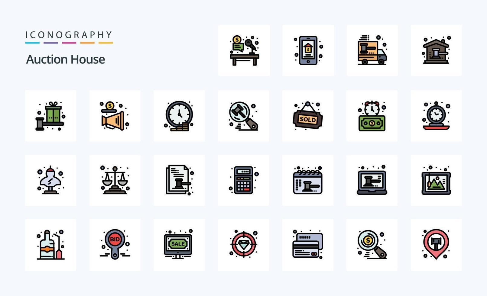 Pacote de ícones de estilo cheio de 25 linhas de leilão vetor