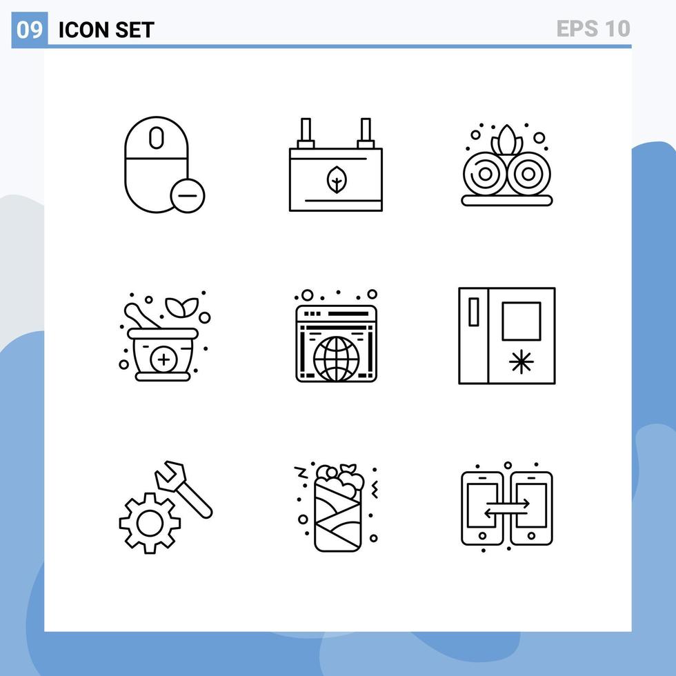 9 pacote de esboço de interface de usuário de sinais e símbolos modernos de elementos de design de vetores editáveis de planta de medicina de eletricidade natural do globo