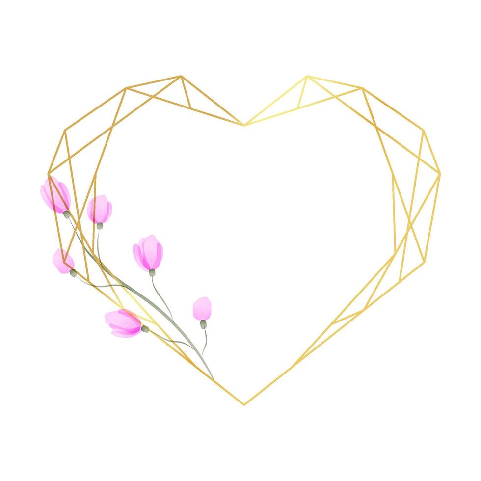 borda geométrica do coração com flor em estilo aquarela. moldura poligonal de luxo para decoração do dia dos namorados, convites de casamento, cartões comemorativos. ilustração vetorial vetor