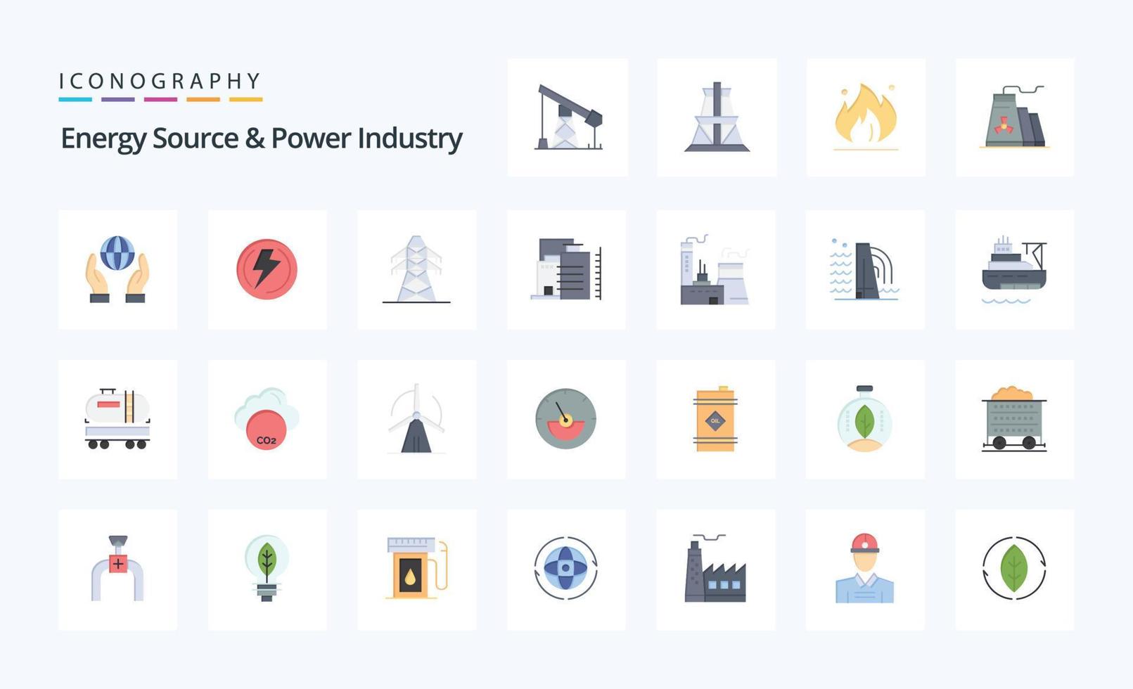 25 fonte de energia e pacote de ícones de cores planas da indústria de energia vetor