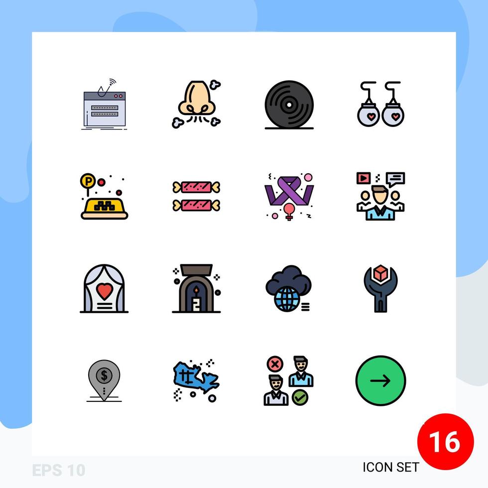 pacote de interface do usuário de 16 linhas básicas cheias de cores planas de sinal, acessórios para nariz, música, elementos de design de vetores criativos editáveis