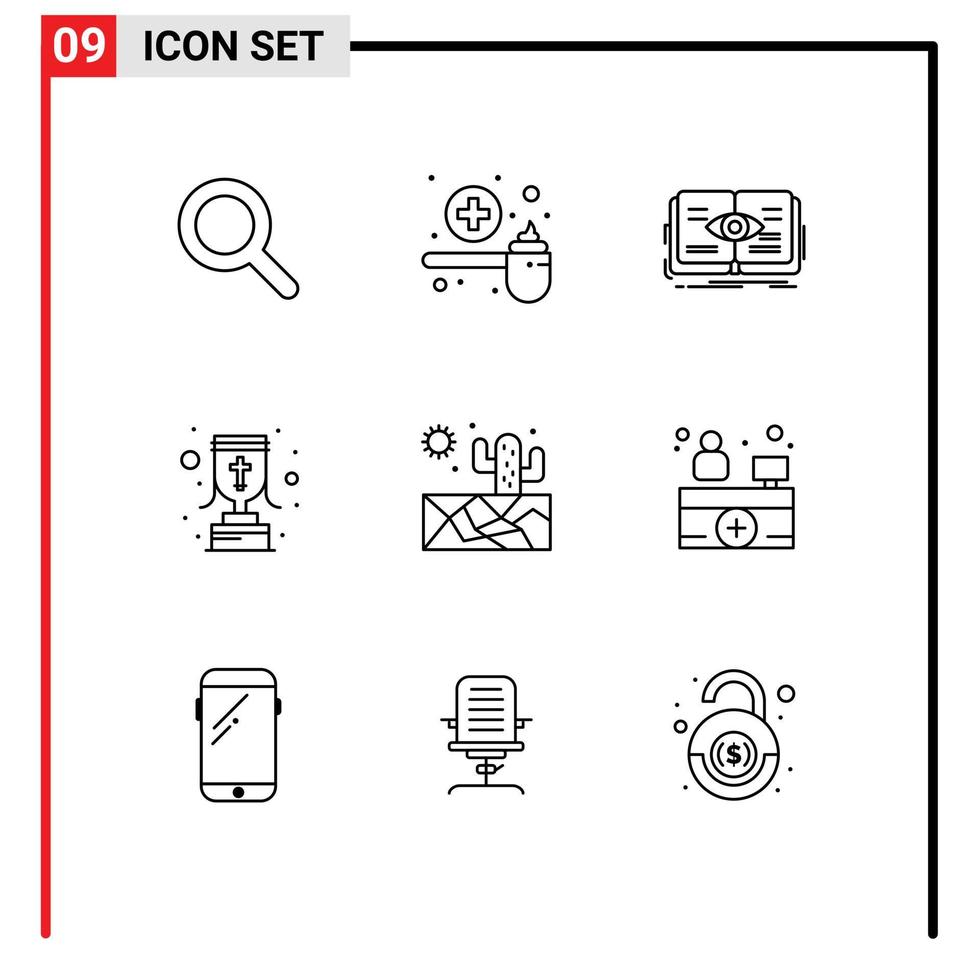 grupo de 9 contornos de sinais e símbolos para elementos de design de vetores editáveis de conhecimento de recompensa de cacto