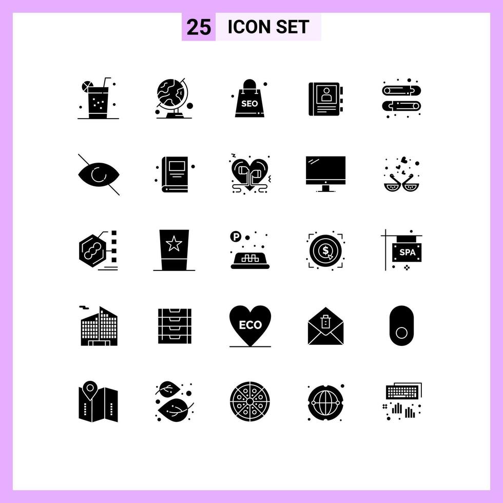 25 símbolos universais de glifos sólidos de mesa de diário de bebê, globo, livro, pacote de seo, elementos de design de vetores editáveis