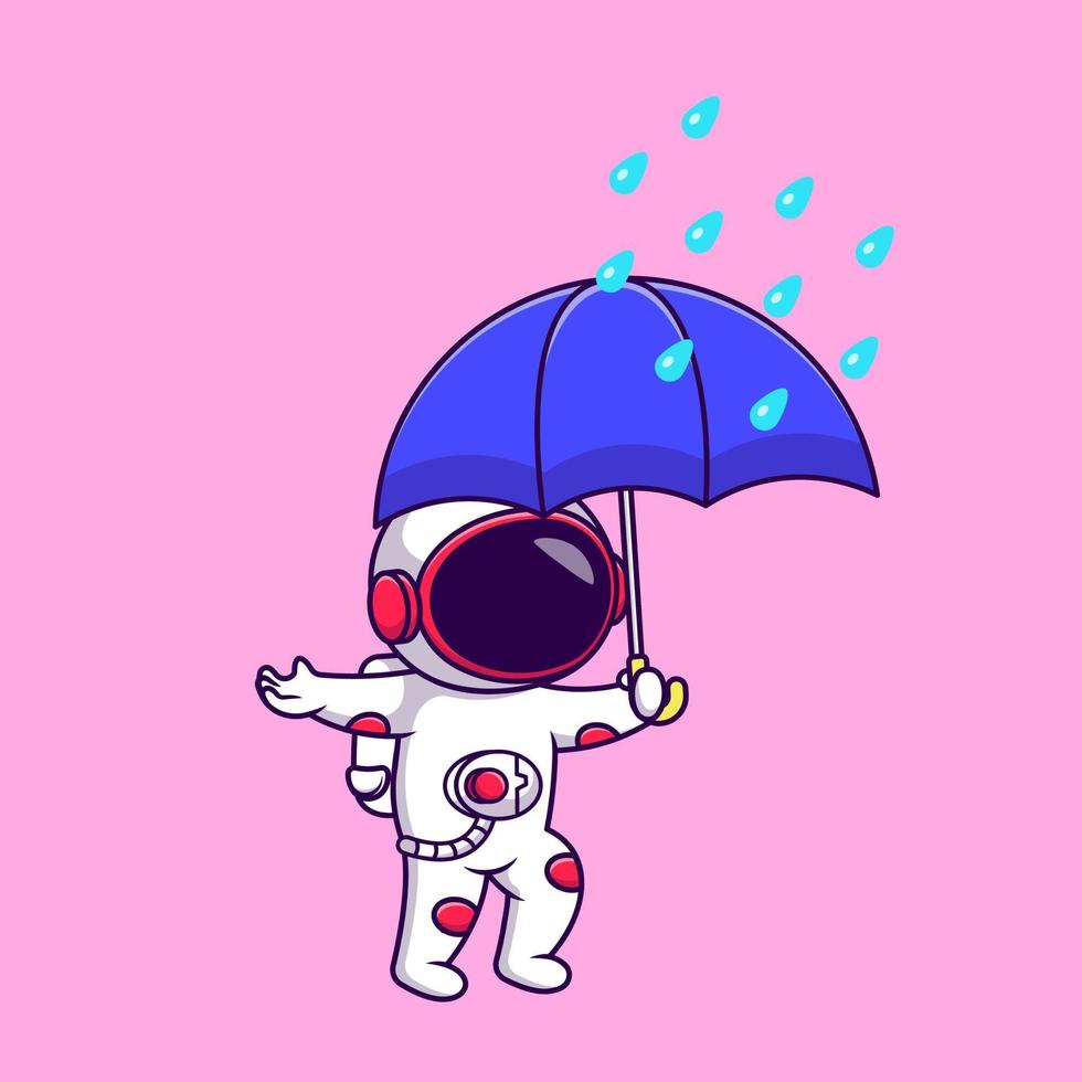 astronauta bonito segurando o guarda-chuva na ilustração de ícones do vetor dos desenhos animados de chuva. conceito de desenho animado plano. adequado para qualquer projeto criativo.