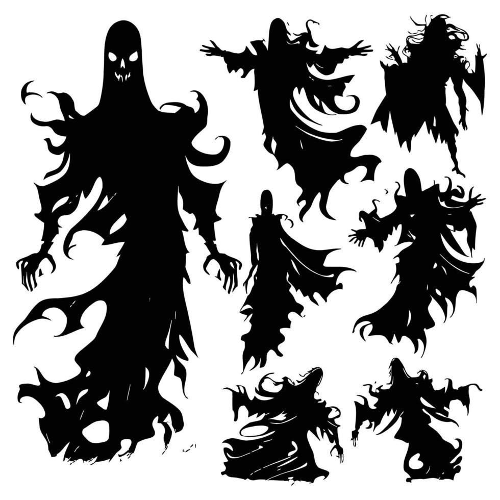 silhueta de espírito maligno de halloween. Personagens fantasmas de pesadelo assustador, conjunto de mascotes de demônios fantasmas assustadores. silhuetas de fantasmas de roupas rasgadas vetor