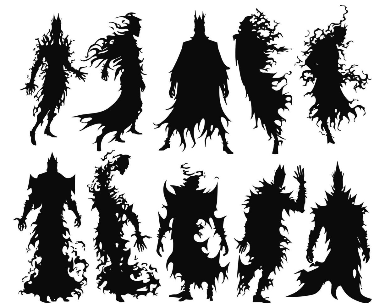 silhueta de espírito maligno de halloween. Personagens fantasmas de pesadelo assustador, conjunto de mascotes de demônios fantasmas assustadores. silhuetas de fantasmas de roupas rasgadas vetor