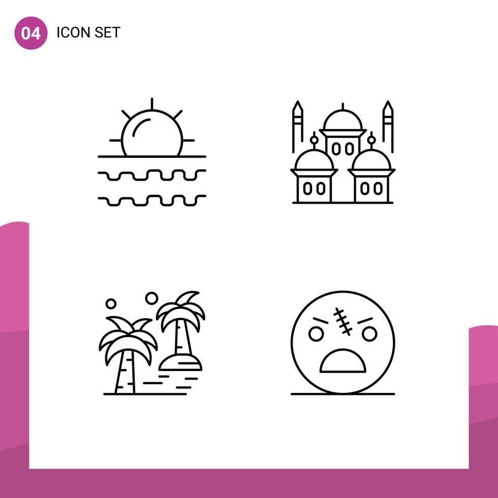 pacote de interface do usuário de 4 cores planas básicas de linha preenchida de elementos de design de vetores editáveis de palma de masjid de viagem de praia