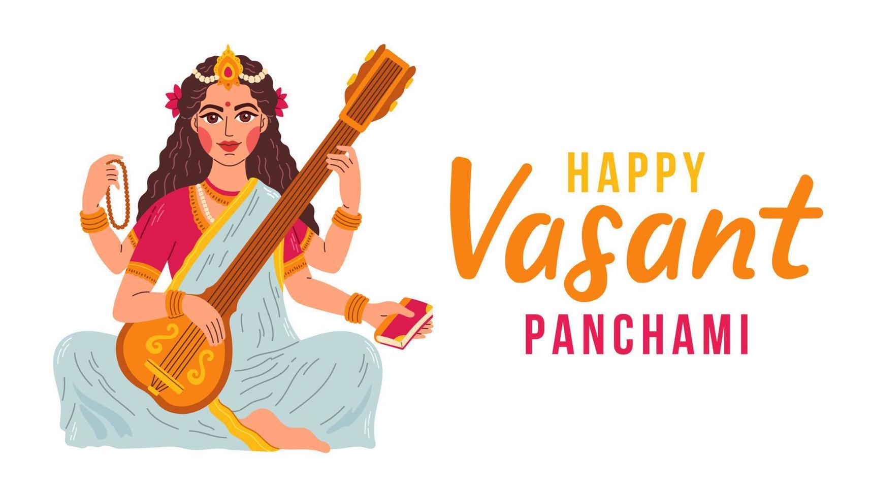 vasant panchami festival da índia, deusa da sabedoria maa saraswati, ilustração vetorial vasant panchami feliz vetor