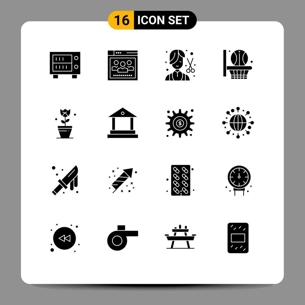 16 ícones criativos, sinais e símbolos modernos de cortador de decoração de plantas, rede esportiva de basquete, elementos de design de vetores editáveis