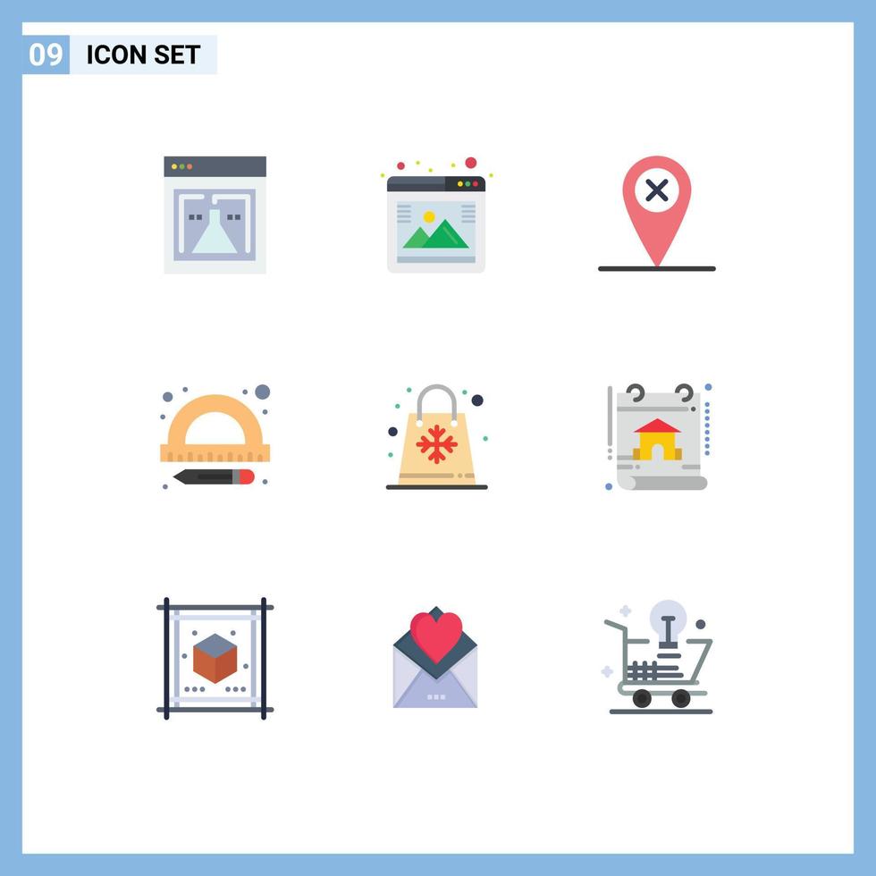 Pacote de cores planas de 9 interfaces de usuário de sinais e símbolos modernos das estações, mapa de venda, bolsa, régua, elementos de design vetorial editáveis vetor