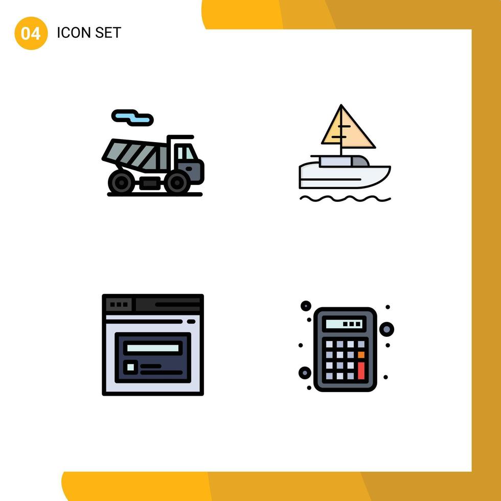 pacote de interface do usuário de 4 cores planas básicas de linhas preenchidas de elementos de design de vetores editáveis de contabilidade de barco da web de bicicleta