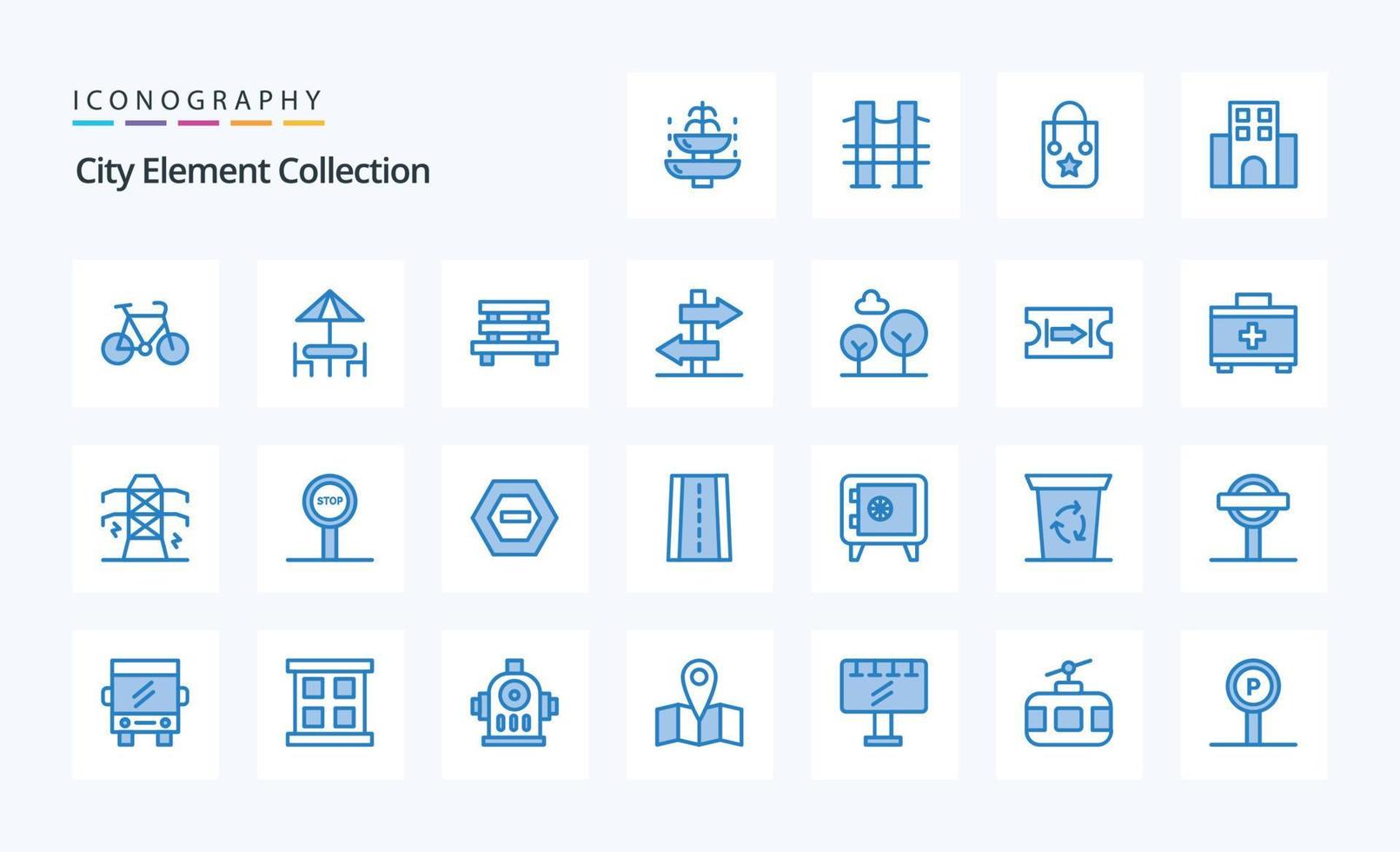 pacote de ícones azuis de coleção de elementos de 25 cidades vetor