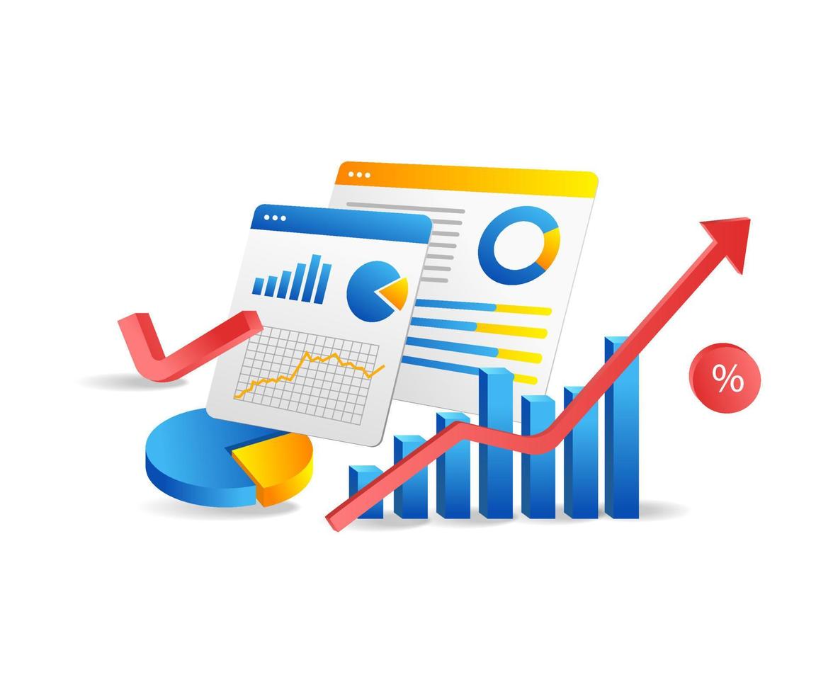 conceito plano isométrico ilustração 3d análise de negócios investimento tecnologia de marketing digital vetor