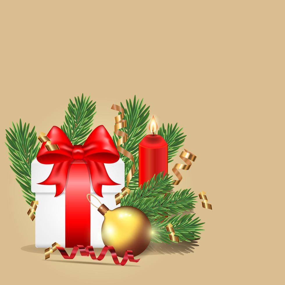 bolas de natal, presentes, árvores de natal e velas acesas. decorações festivas e itens para qualquer ano novo, decoração de fundo de natal vetor