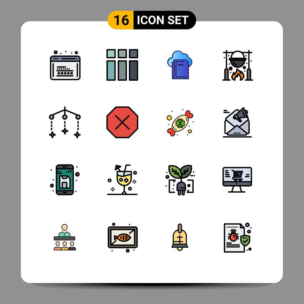 16 sinais de linha cheia de cor plana universal símbolos de cozinhar layout de piquenique caldeirão computando elementos de design de vetores criativos editáveis