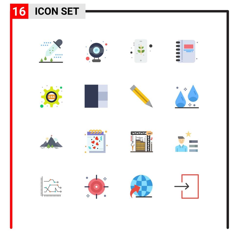 Pacote de cores planas de 16 interfaces de usuário de sinais e símbolos modernos de educação de terra de livro aberto de engrenagem de volta à escola pacote editável de elementos de design de vetores criativos