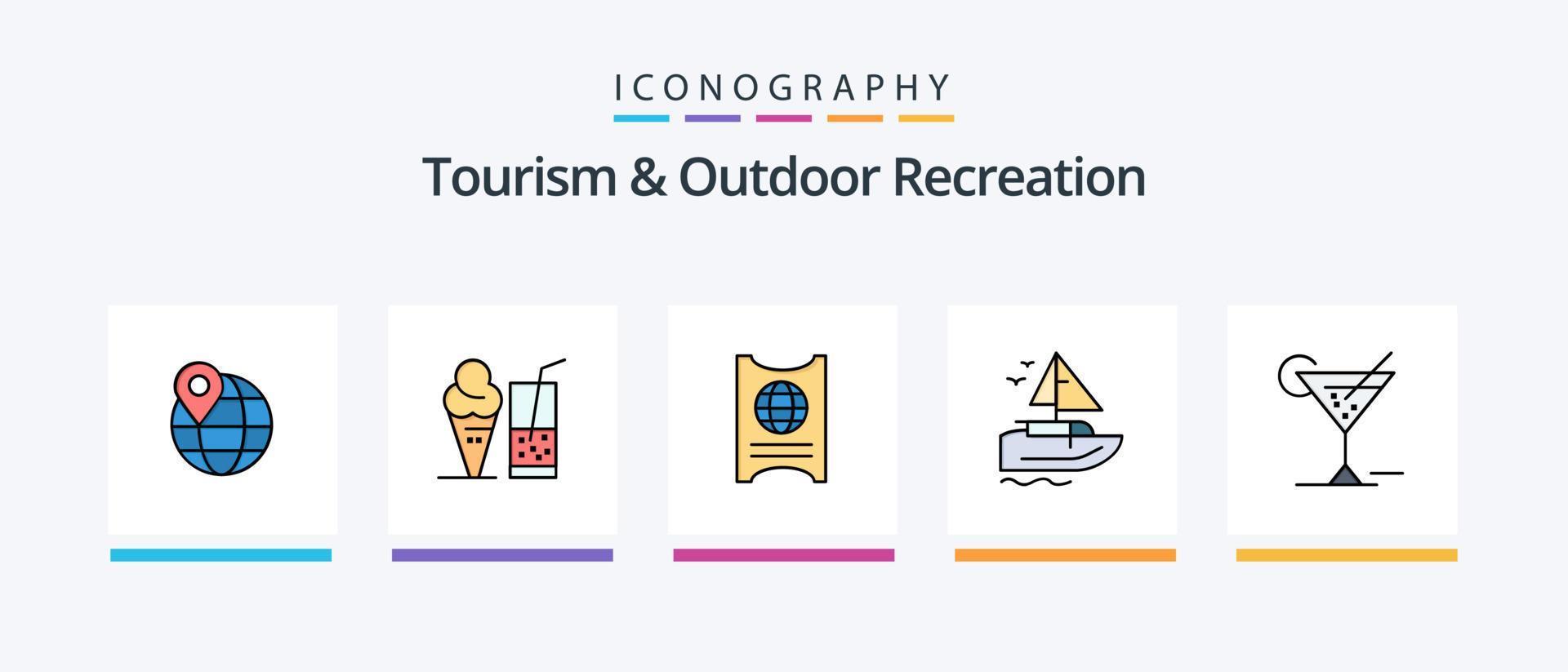a linha de turismo e recreação ao ar livre preencheu o pacote de 5 ícones, incluindo vecation. tabela. bala. faca. almoço. design de ícones criativos vetor