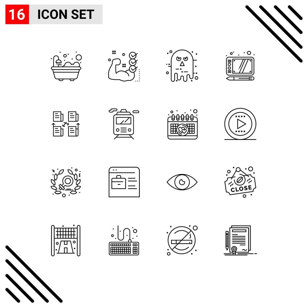 grupo de símbolos de ícone universal de 16 contornos modernos de avatar de tablet de arquivo desenha elementos de design de vetores editáveis assustadores