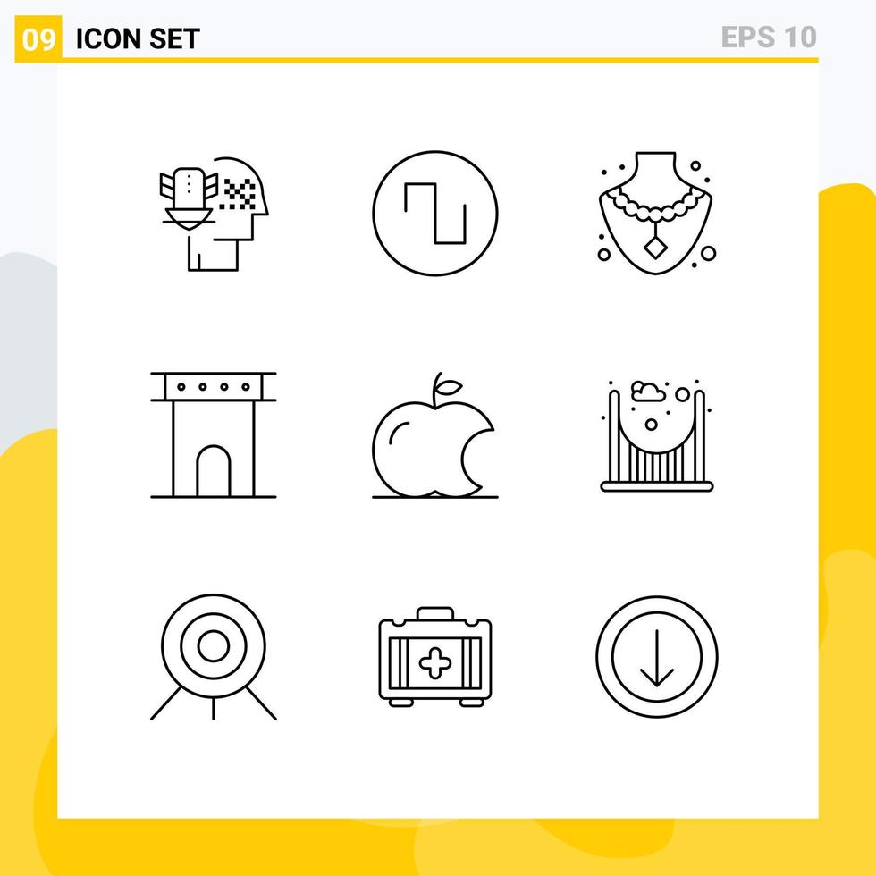 conjunto de esboço de interface móvel de 9 pictogramas de intelecto apple gem monumento coluna editável elementos de design vetorial vetor