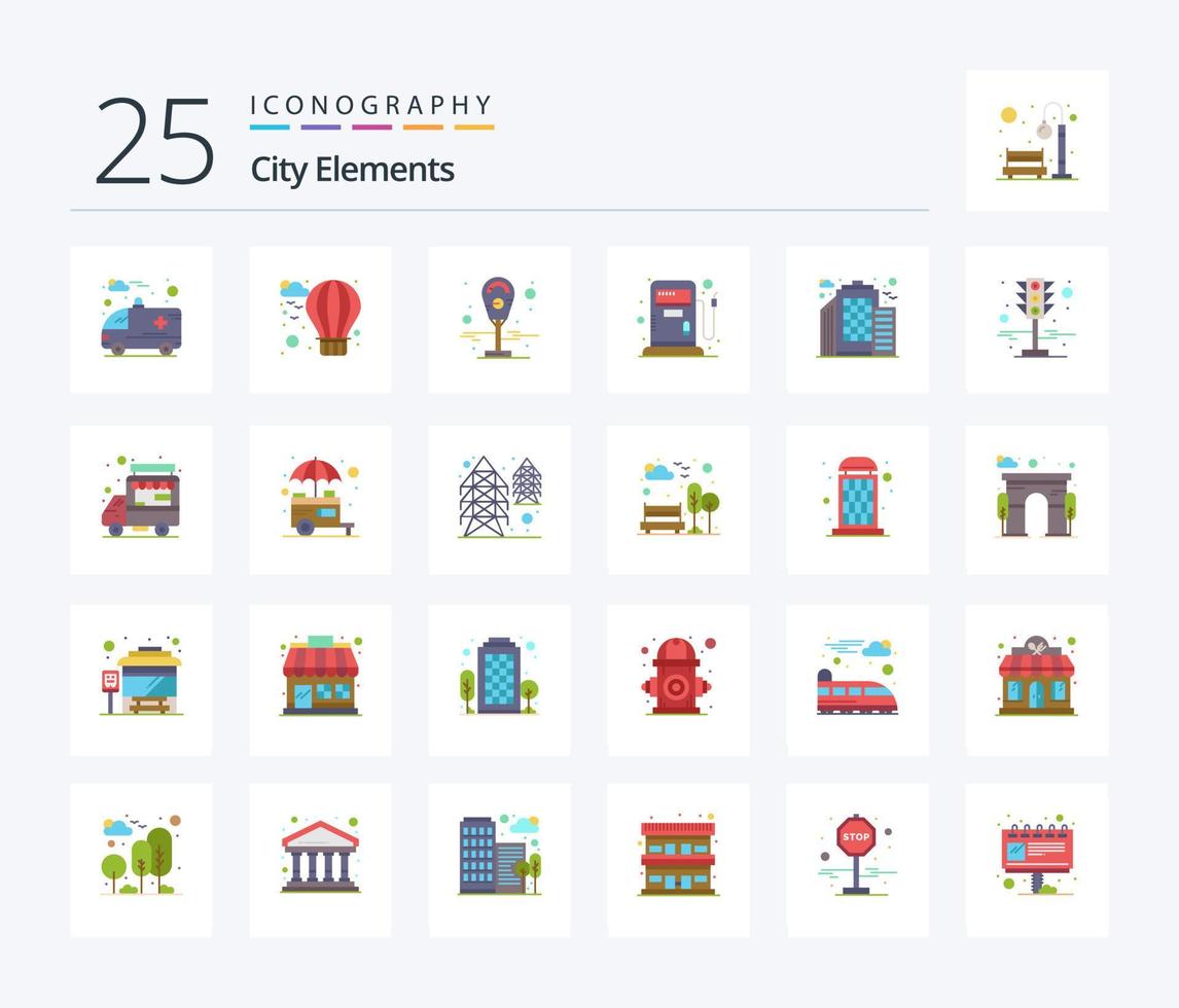 elementos da cidade 25 pacote de ícones de cores planas, incluindo semáforos. sinal. estacionamento. escritório. prédio vetor