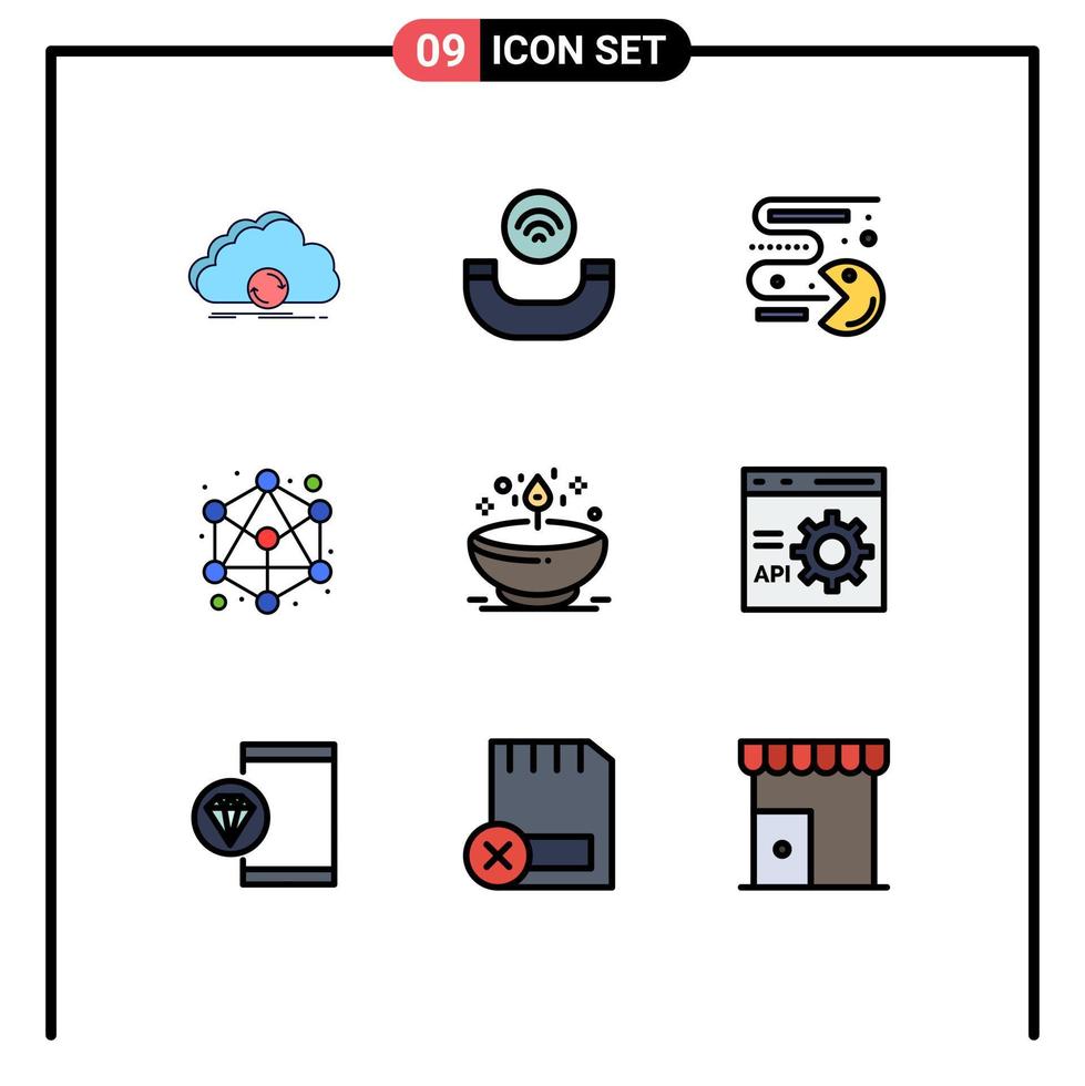 conjunto de cores planas de linha preenchida de interface móvel de 9 pictogramas de elementos de design de vetores editáveis de conexão de rede de competição dia diya