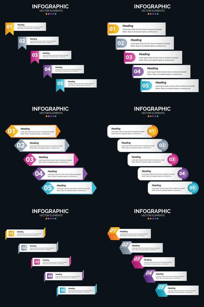 modelo de slide de apresentação de pacote de infográficos vetor 6 diagramas de ciclo de 5 etapas e linhas do tempo