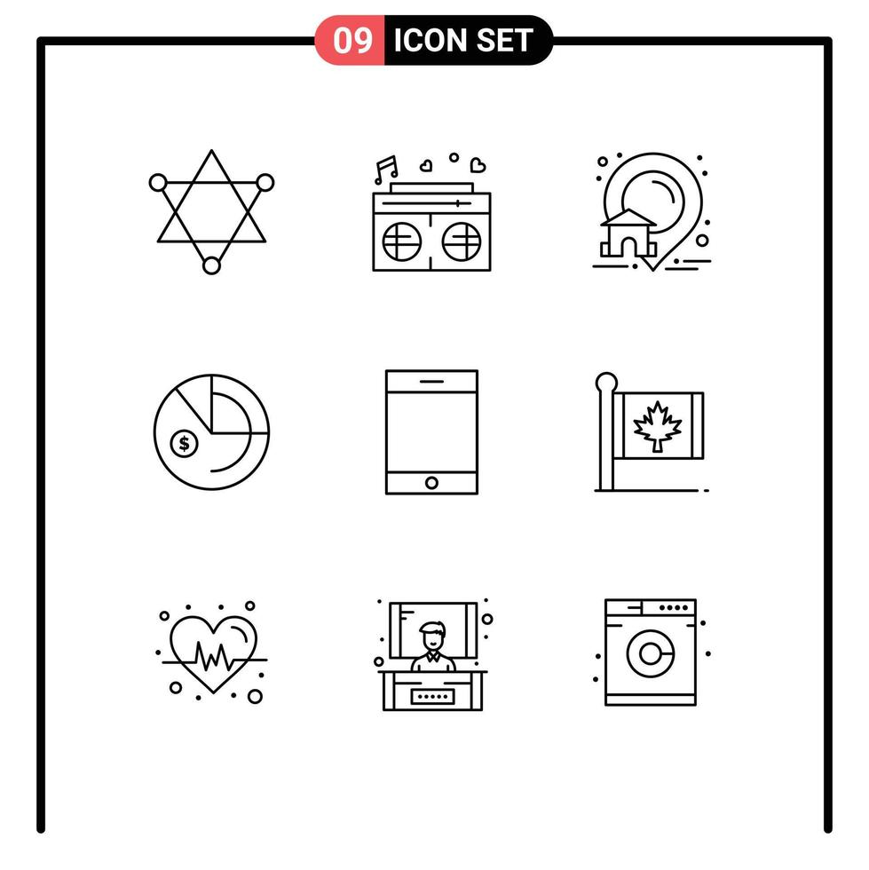 conjunto moderno de 9 contornos e símbolos, como elementos de design de vetores editáveis de dados de investimento em casa de dispositivo tablet