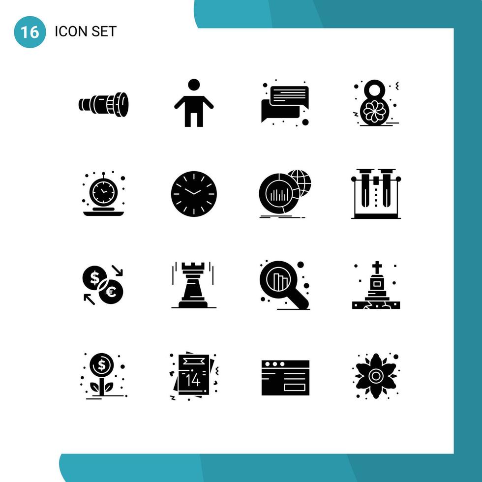 16 interface do usuário pacote de glifos sólidos de sinais e símbolos modernos de alarme dia da mulher pessoas mensagem de flor elementos de design de vetores editáveis