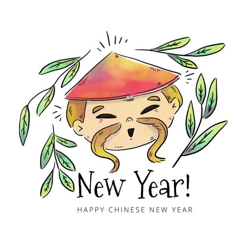 Cute Chinese Boy Head com folhas e chapéu para o ano novo chinês vetor