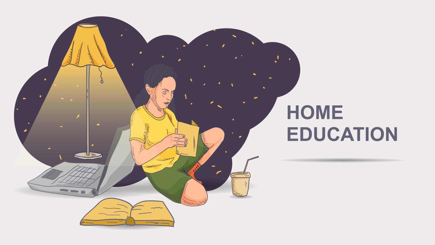 uma garota está lendo um livro com as costas apoiadas em uma grande ilustração colorida contornada por laptop no estilo de um doodle vetor