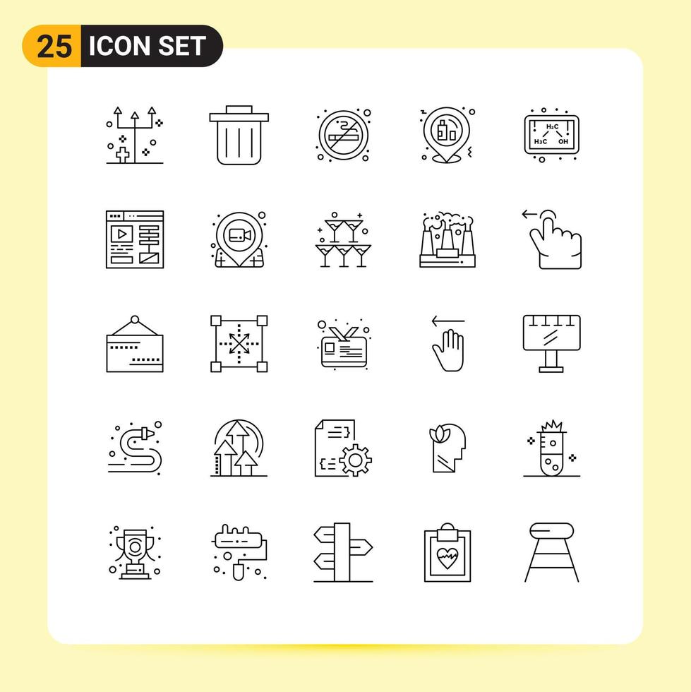Pacote de linha de interface de usuário 25 de sinais e símbolos modernos de estudo de elementos de design de vetores editáveis de festa de química de fumo de etanol