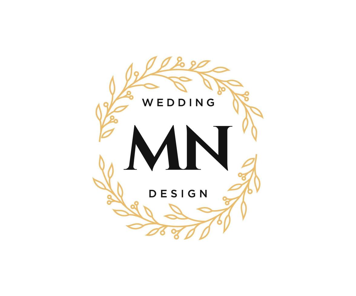 coleção de logotipos de monograma de casamento de letra mn, modelos modernos minimalistas e florais desenhados à mão para cartões de convite, salve a data, identidade elegante para restaurante, boutique, café em vetor