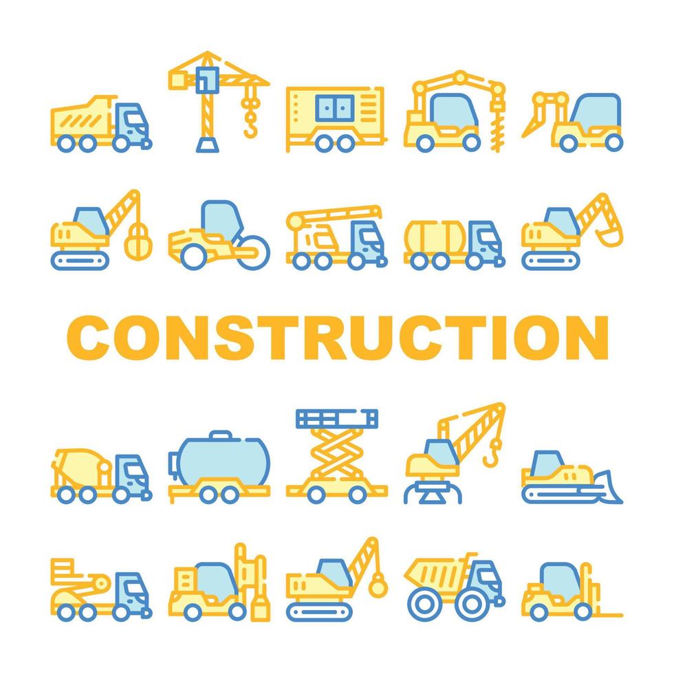 conjunto de ícones de coleção de veículos de construção ilustração isolada vetor