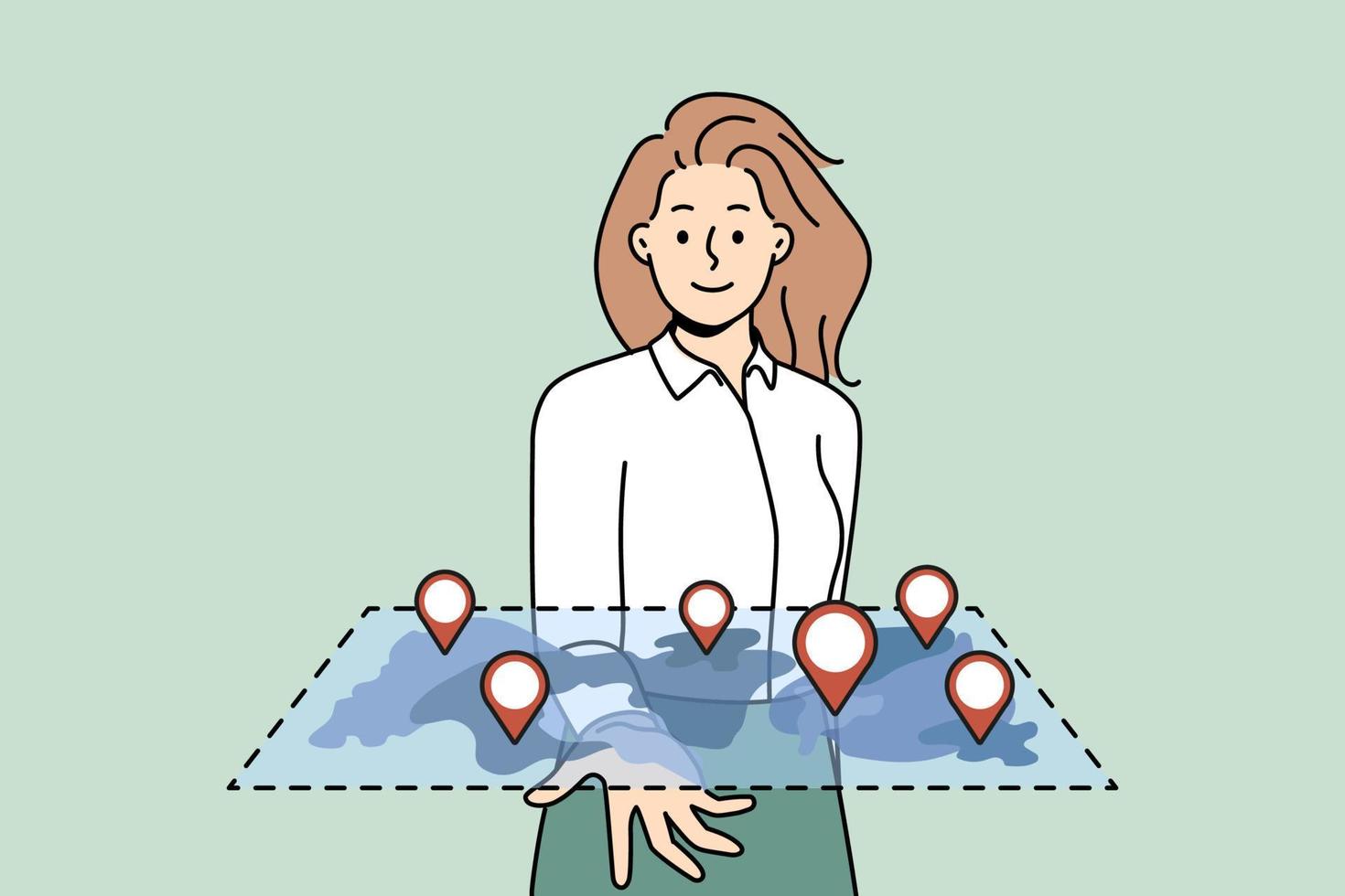 empresária sorridente segurando o mapa com locais marcados na mão. mulher feliz olha para plano digital com marcas de gps. ilustração vetorial. vetor