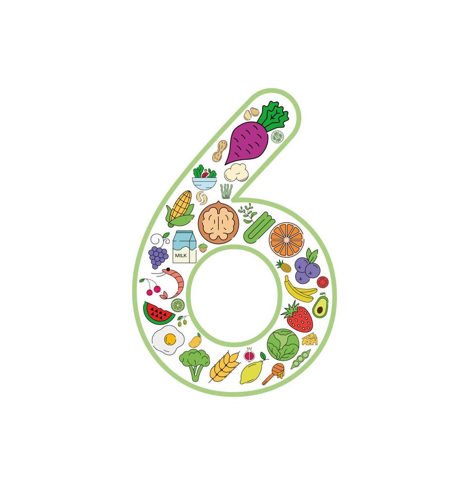 ícone de colagem de comida e bebida definido a partir do número 6. conjunto de vetores de alérgenos essenciais e ícones de linha de dieta. conjunto de ícones de comida editável.