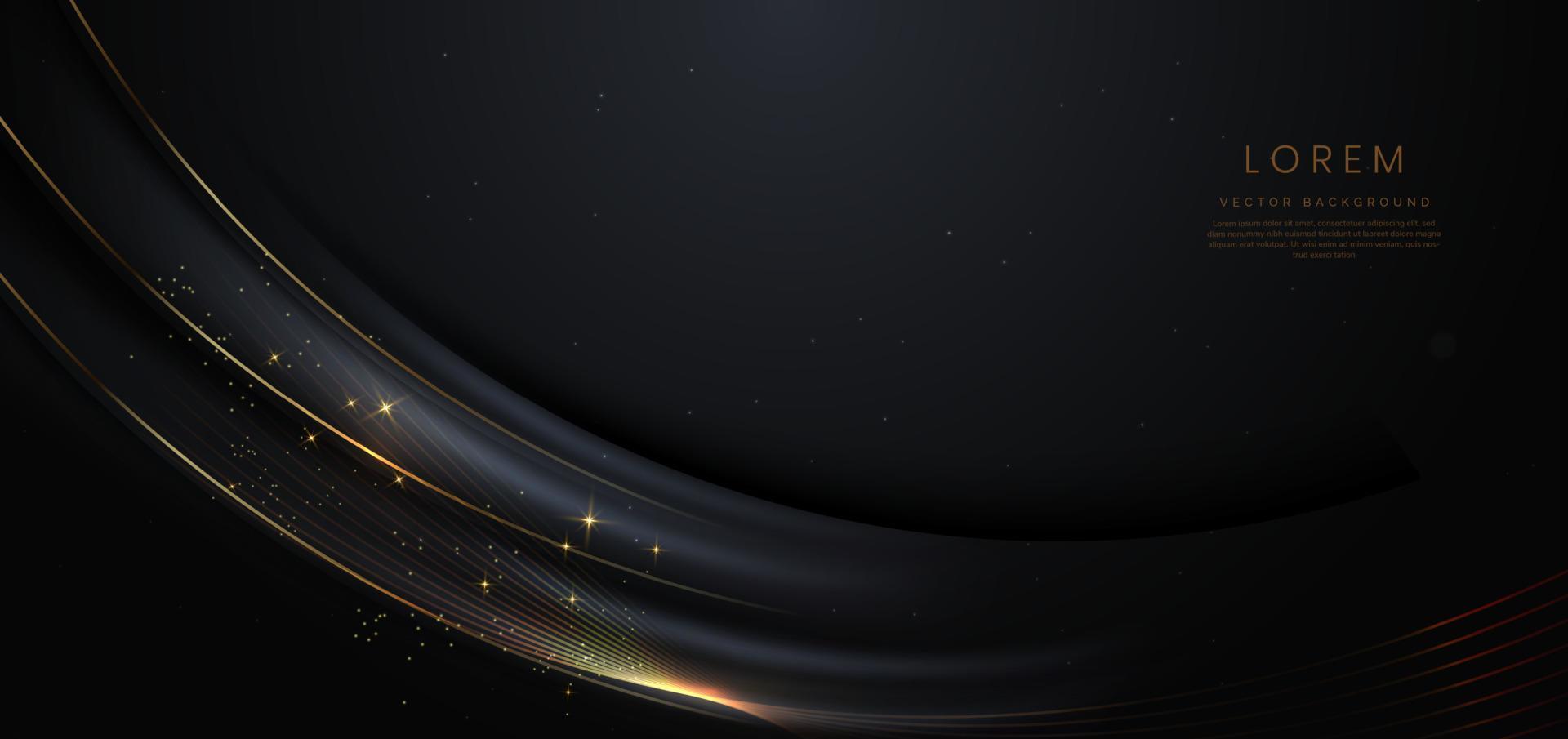 curva preta de luxo 3d abstrata com linhas de curva dourada de borda elegante e efeito de iluminação em fundo preto. vetor