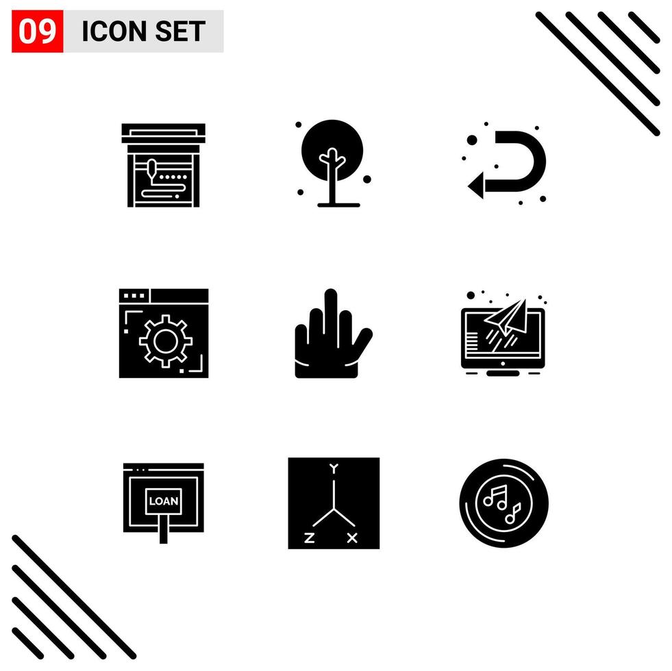 conjunto de glifos sólidos de interface móvel de 9 pictogramas de mensagem, gire, gire, configuração de elementos de design de vetores editáveis