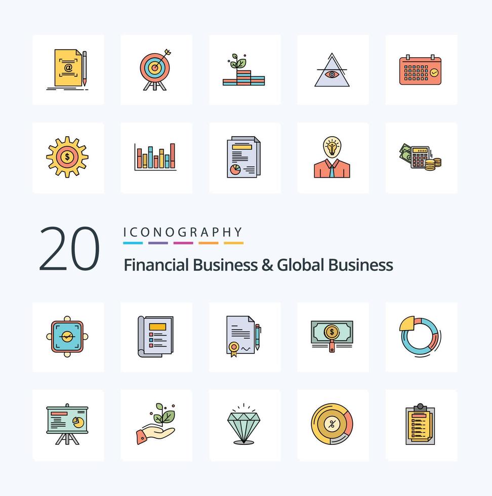 20 negócios financeiros e pacote de ícones de cores preenchidos com linhas de negócios globais, como contrato de empréstimo gráfico, pesquisa de dinheiro vetor