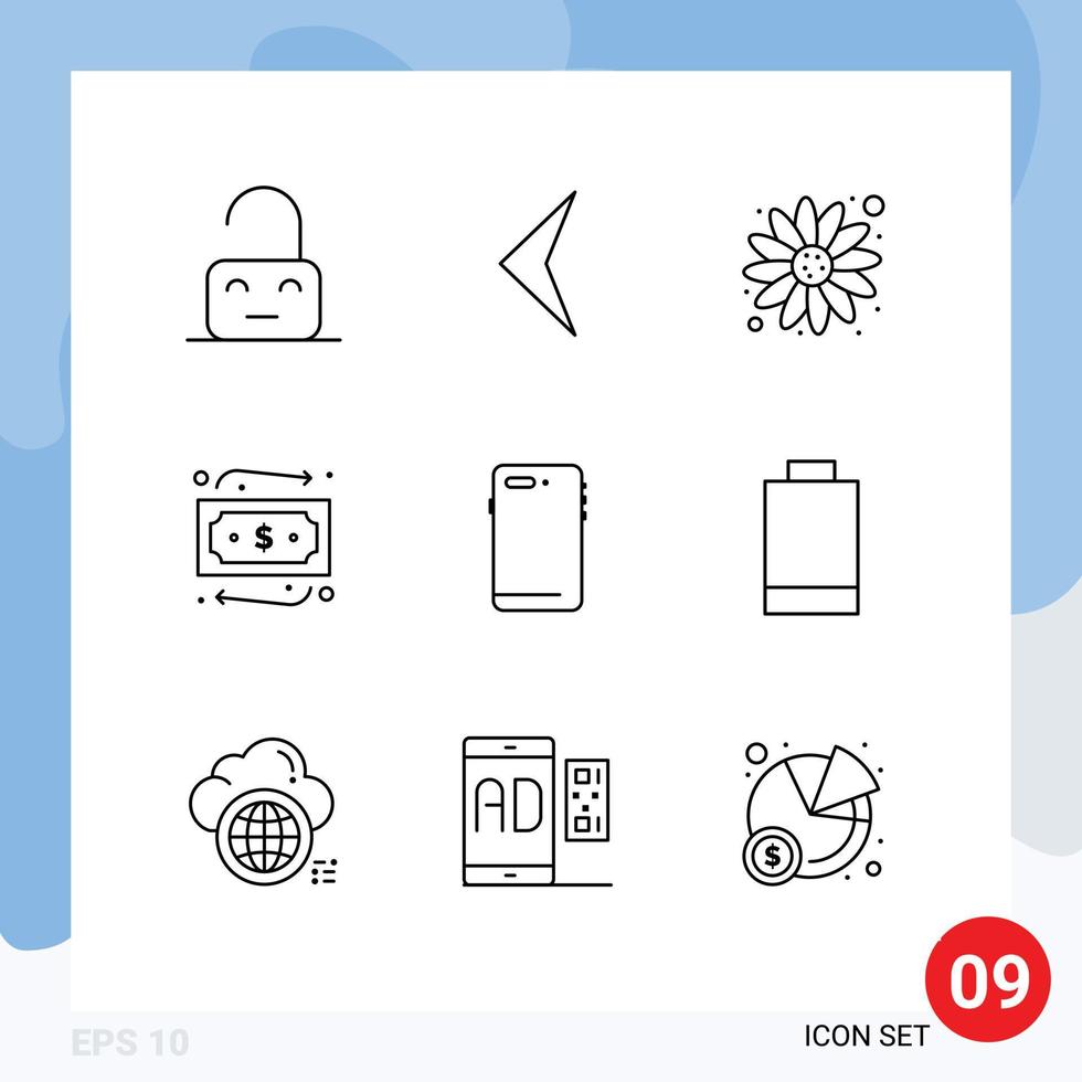 conjunto de 9 sinais de símbolos de ícones de interface do usuário modernos para câmera móvel flor telefone inteligente viajando elementos de design de vetores editáveis