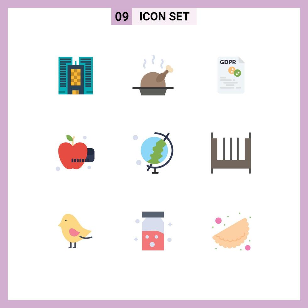 conjunto moderno de 9 cores planas e símbolos, como arquivos de globo de quarto, educação, comida, elementos de design de vetores editáveis