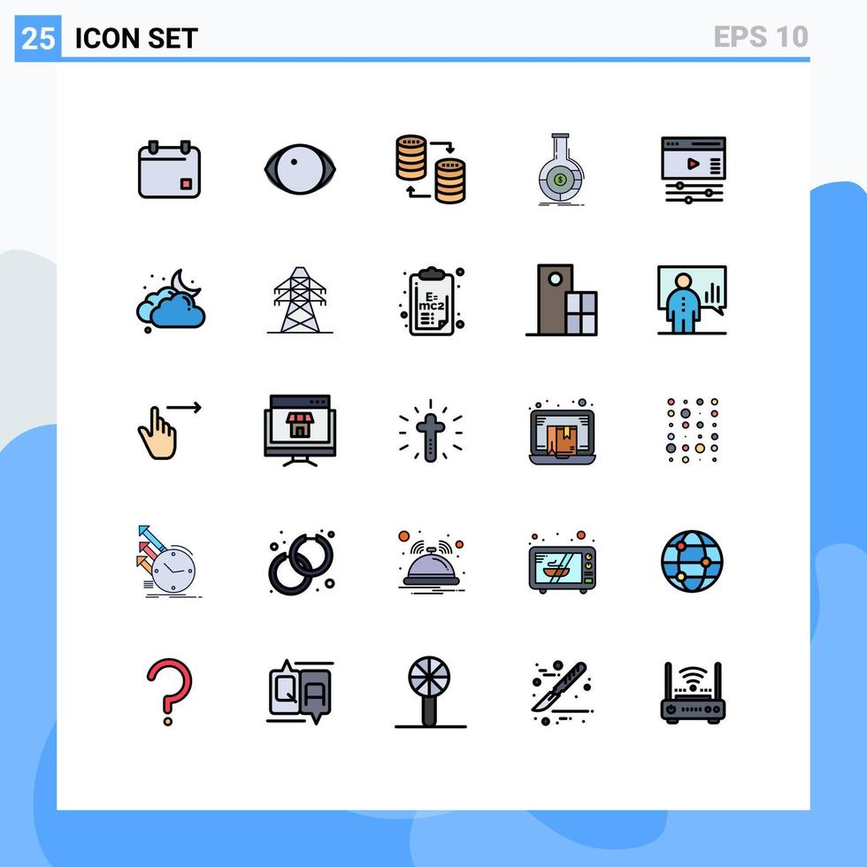 conjunto de cores planas de linha preenchida de interface móvel de 25 pictogramas de análise de banco de dados bancário financeiro compartilha elementos de design vetorial editáveis vetor